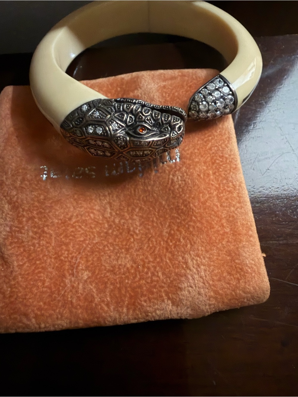 Vintage Snake Head Enamel Bangle Bracelet - Cream with Crystal Accents